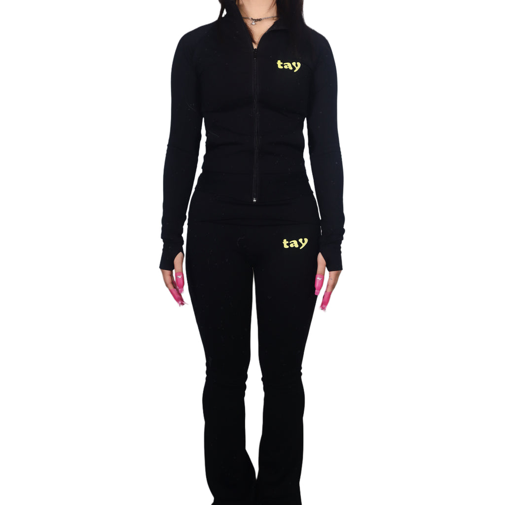 og black zip up jacket