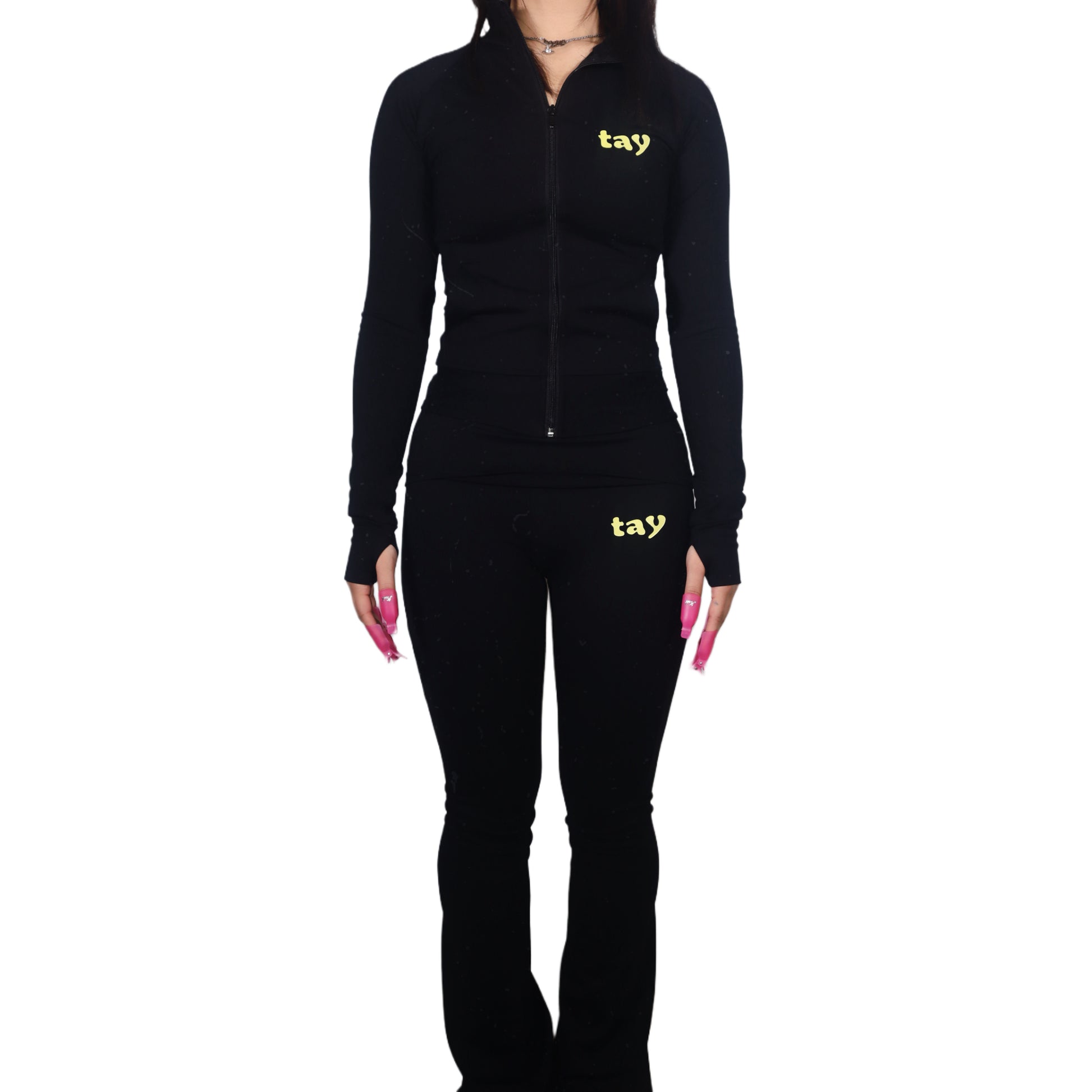 og black zip up jacket