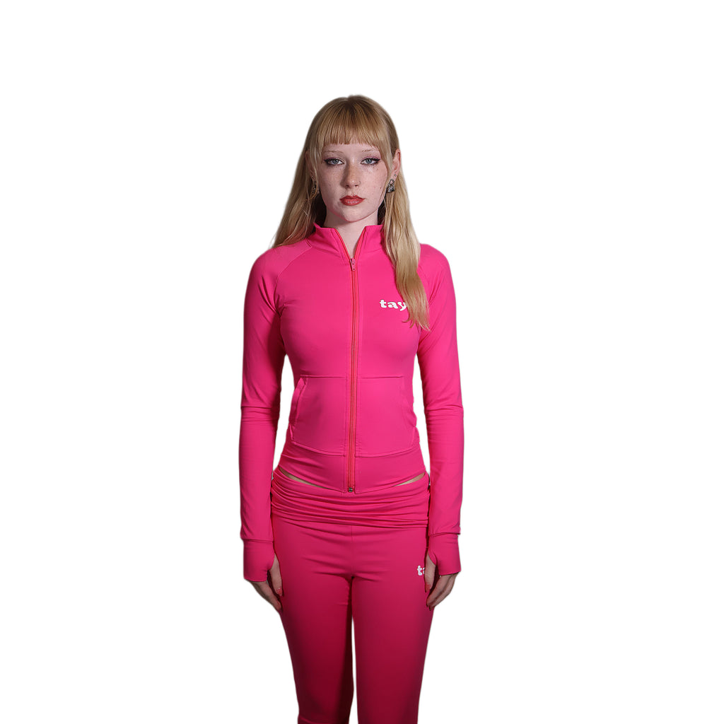 "confidence" hot pink T.A.Y jacket