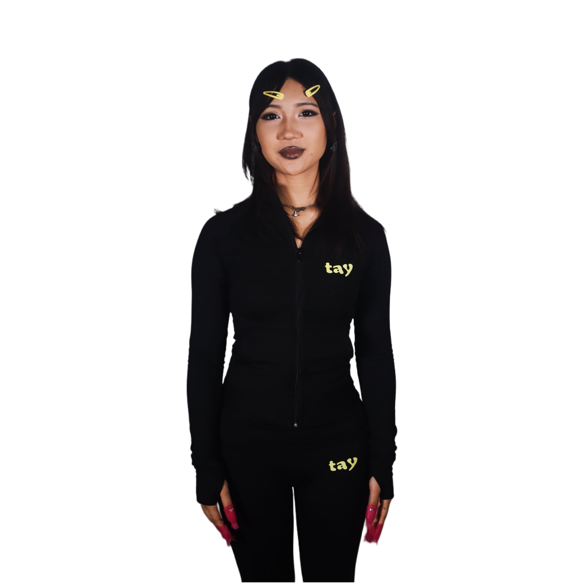 og black zip up jacket