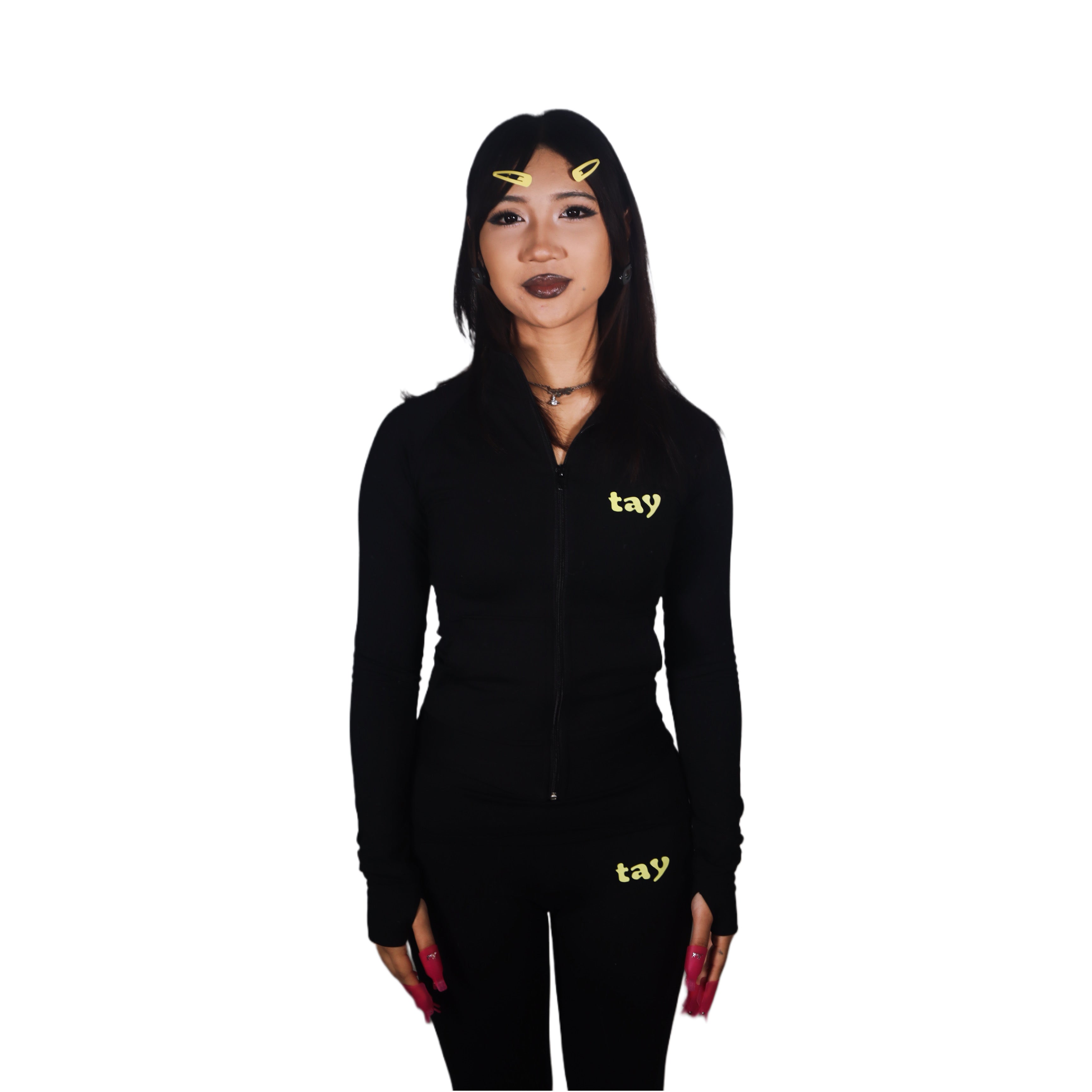 og black zip up jacket